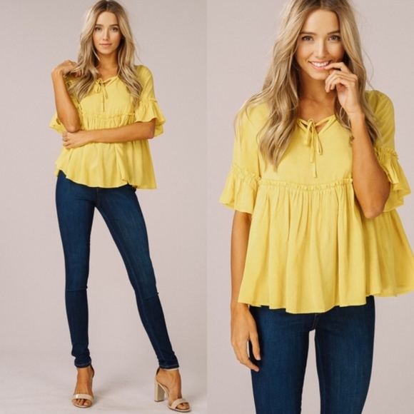 Glamvault Tops - Ruffled Babydoll Top With Bell Sleeves
